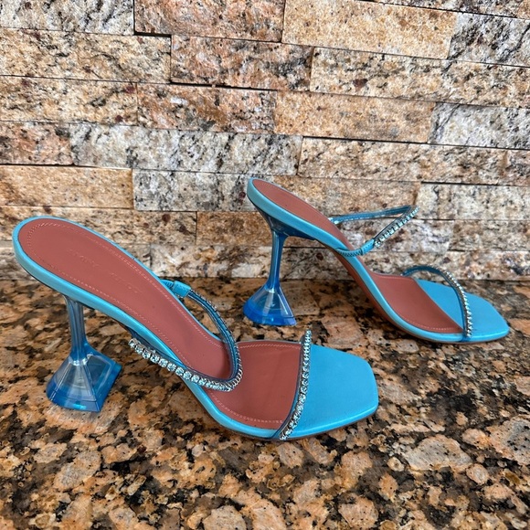 Amina Muaddi Gilda Glass Aqua Blue PVC Crystal Strap Mule Pumps - Picture 8 of 14